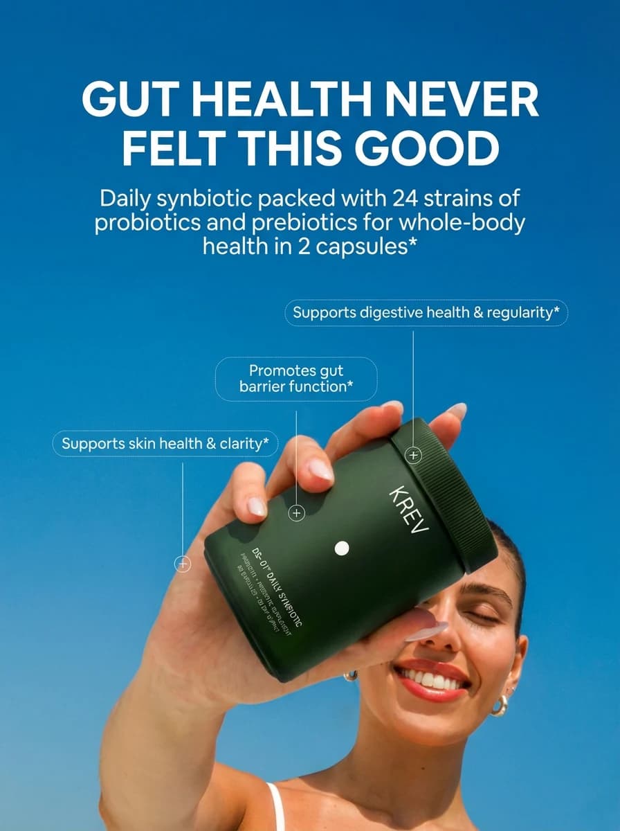 Supplement ad with gut health headline and product in hand
