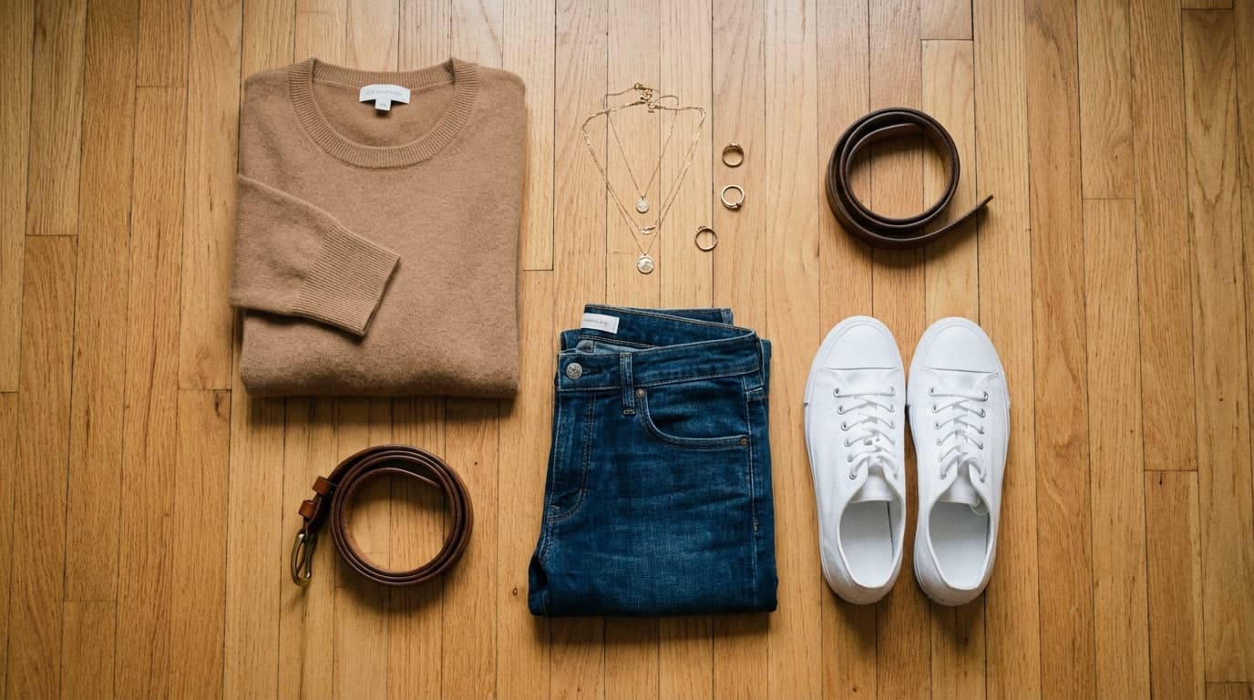 A curated outfit flat-lay on warm wood floor